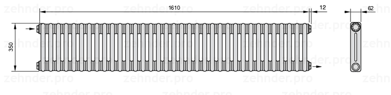 Схема (чертеж) Радиатор Zehnder Charleston 2035/35 №1670 Белый глянцевый RAL 9016